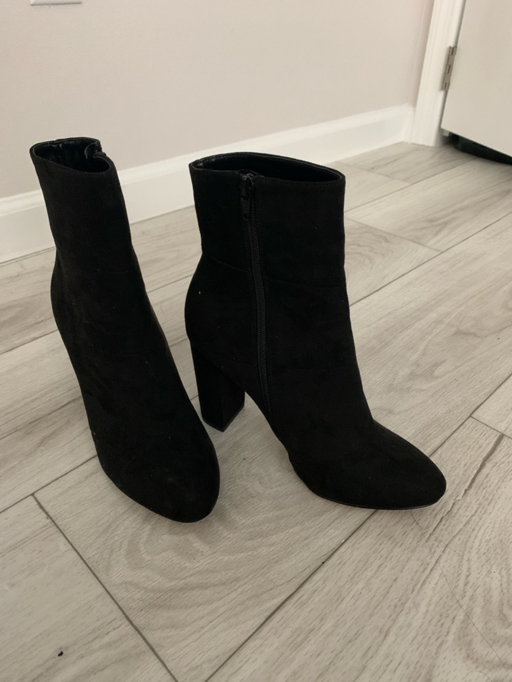 BCBG Black Suede Ankle Booties with Block Heel